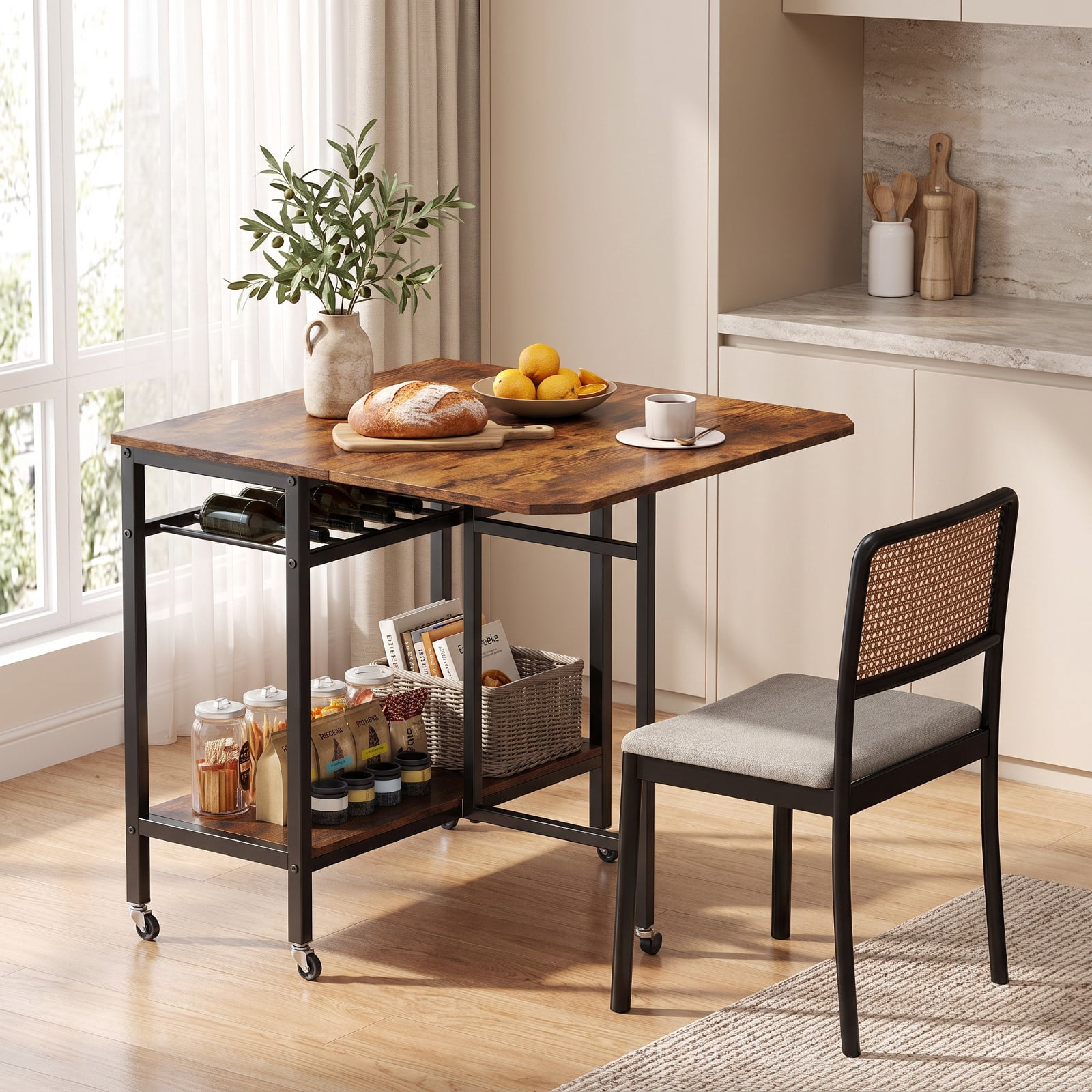 Furnibear Folding Dining Table with Expandable Laptop with Wine Rack and Wheels for Kitchen Dining Room Breakfast Nook Small Space Home, Rustic Brown
