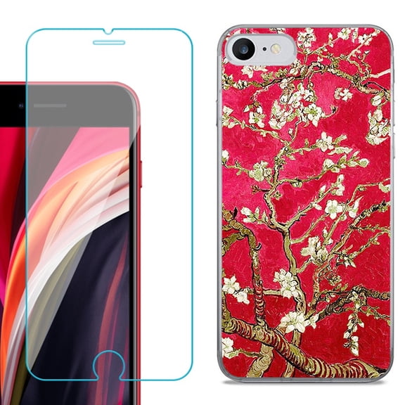 Slim-Fit Fashion Gel Phone Case for iPhone SE 2022, with Tempered Glass Screen Protector, by OneToughShield ® - Almond Blossom Red