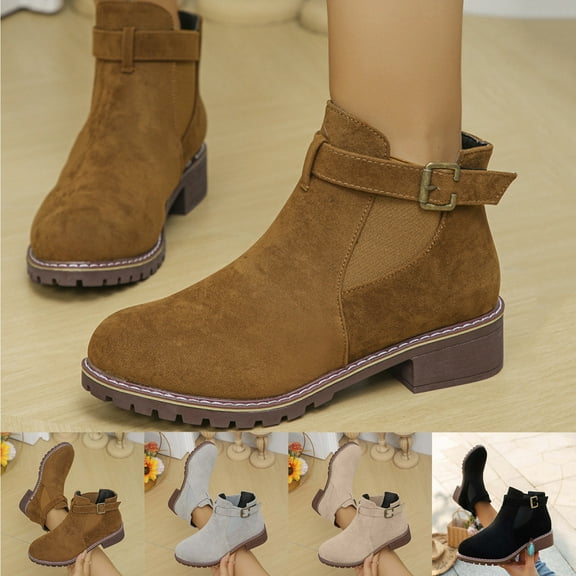 LOVZFMLL Boots for Women Ankle Booties Buckle Round Toe Slip Resistant Low Block Heel Metal Detail Casual Fall Winter Shoes