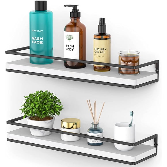 Meangood Floating Shelves Wall Mounted Set of 2, Rustic Wood Wall Storage Shelves for Bedroom,Living Room,Bathroom, Kitchen (White)