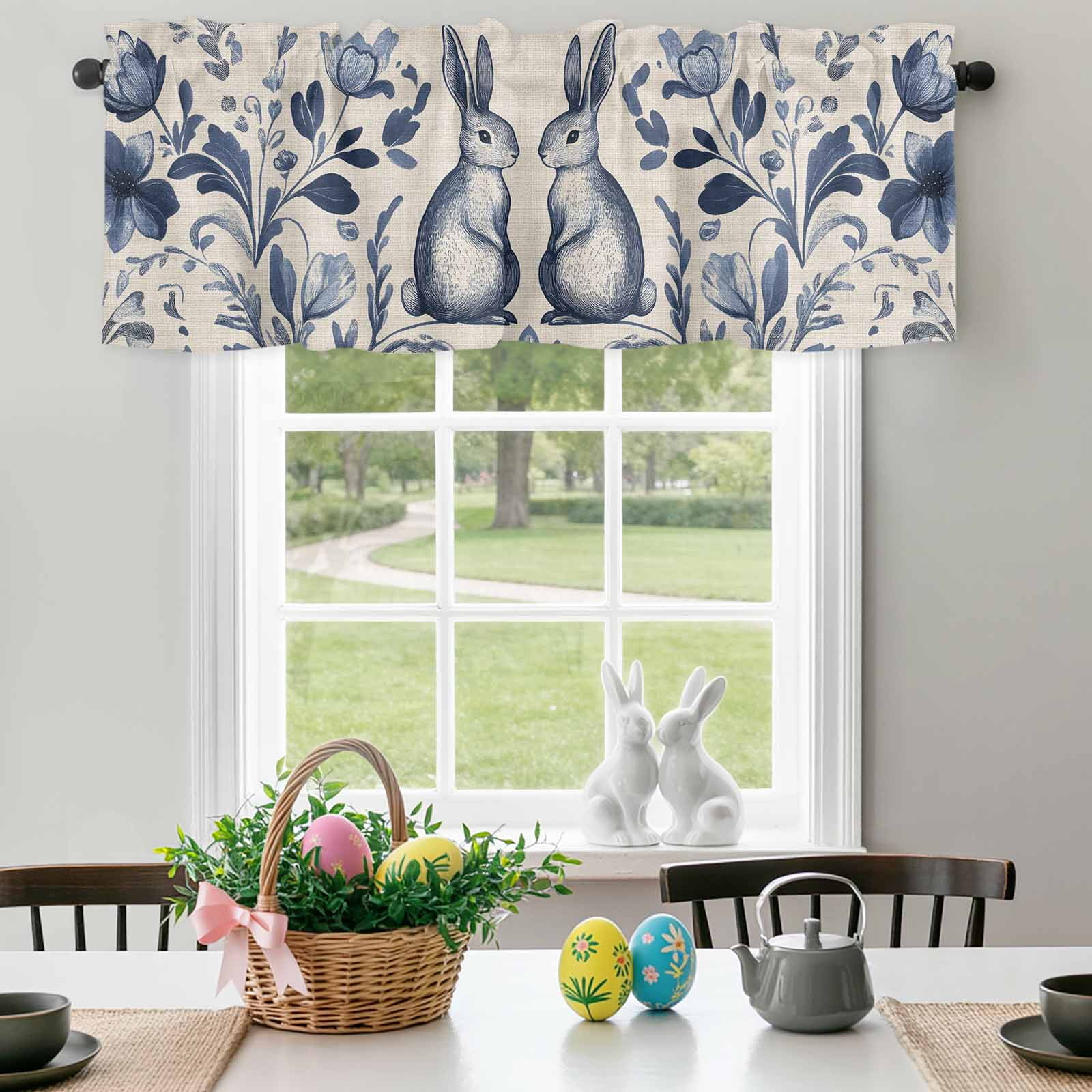 Easter Rabbits Valances for Windows, Cute Blue Bunny Watercolor Boho Floral Leaf Linen Texture Valance Window Treatment Rod Pocket Short Curtains Valances for Kitchen Bathroom 60"W x18"L