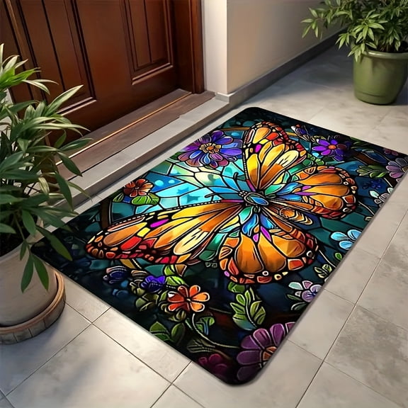 1pc Outdoor Mat - Painted Glass Butterfly And Flower Design Non-slip Polyester Mat, Machine Washable Indoor/outdoor Entrance, Kitchen, Bathroom, Balcony Carpet - Bright Home Decoration, Area