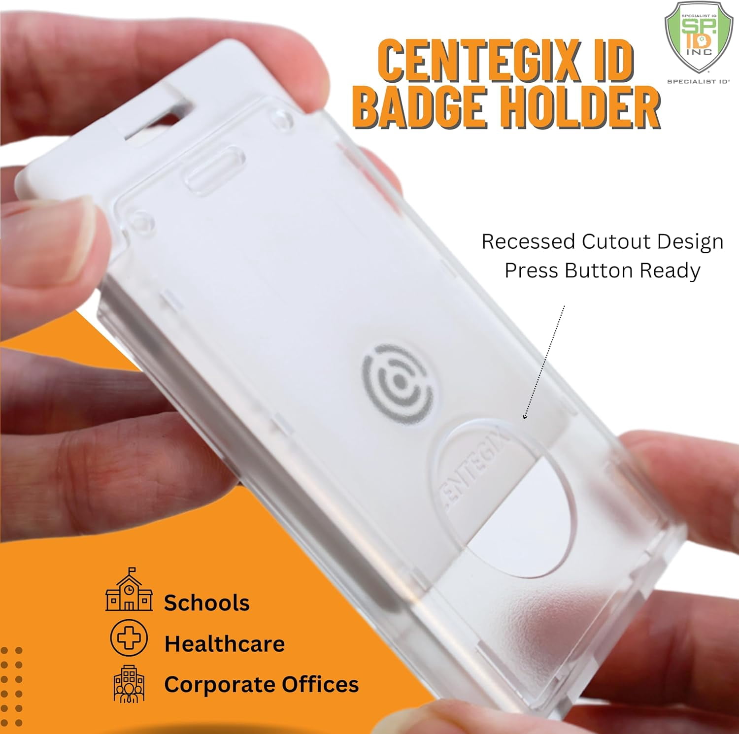 20 Pack - Centegix Badge Holder with Hole for Teachers - Holds 1 School ID & 1 Centegix V2 CrisisAlert Alarm Badge - Heavy Duty Polycarbonate Clear Vertical Display, Recessed Hole by Specialist ID