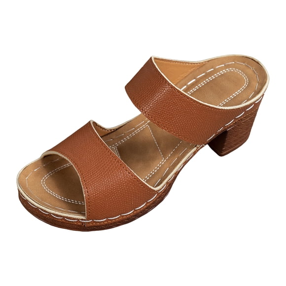 Women's Platform Sandals Wedges Heels Beach Sandal Open Toe Slip On Chunky Heels Mules Lightweight Dressy Pumps Brown Size 7