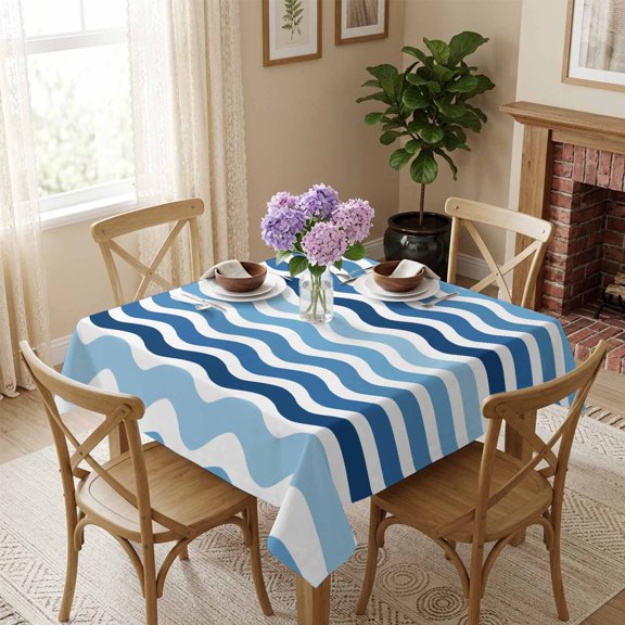 Geometric Nautical Striped Pattern Square Tablecloth 54x54 Inch Blue White Wave Pattern Waterproof Polyester Table Cover, Washable Stain Resistant Tablecloth for Dining Table Kitchen Wedding