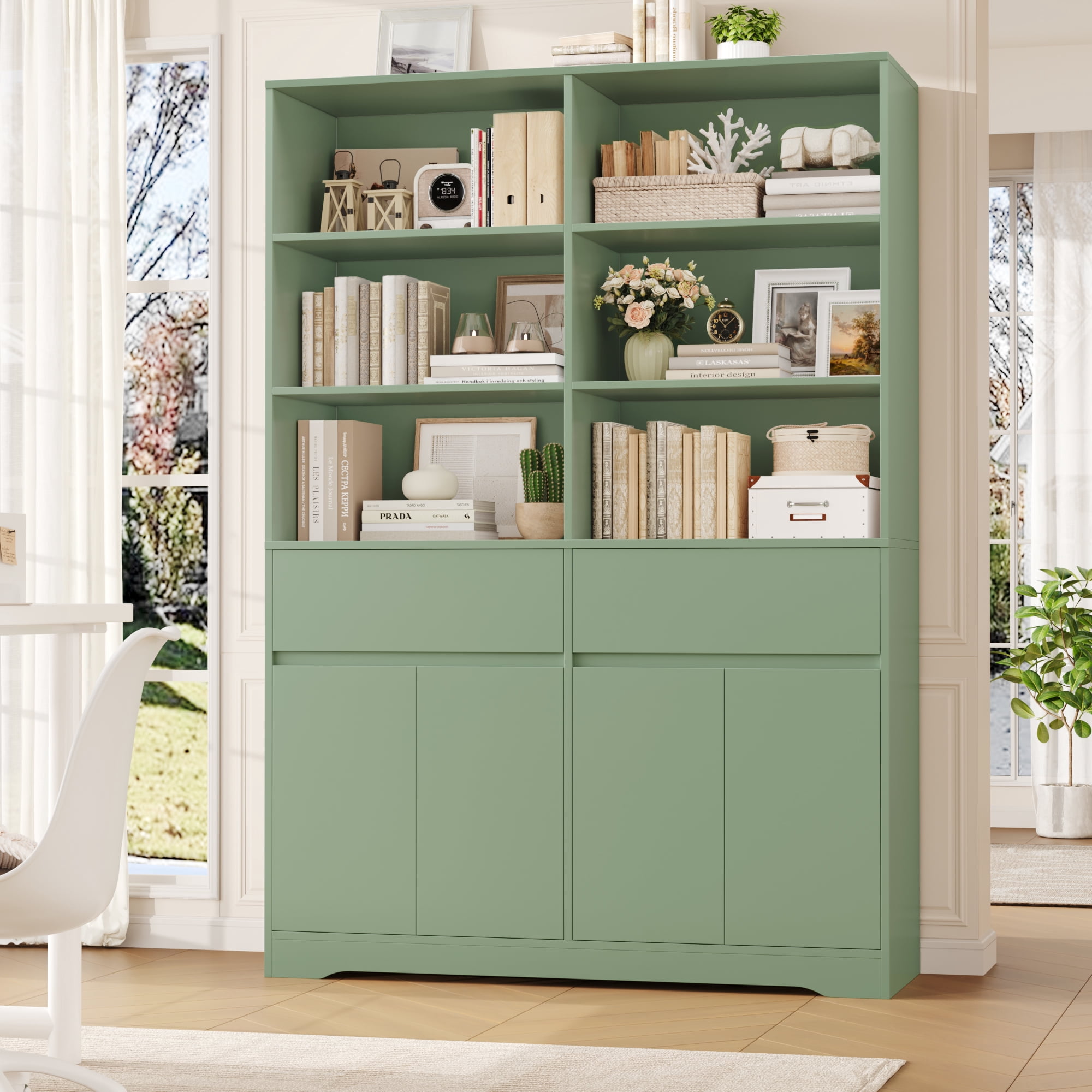 Hiphuta 69"H Modern Bookcases with Doors & Drawers, Large Wooden Display Shelf for Home Office, Wooden Storage Bookshelf for Living Room, Green