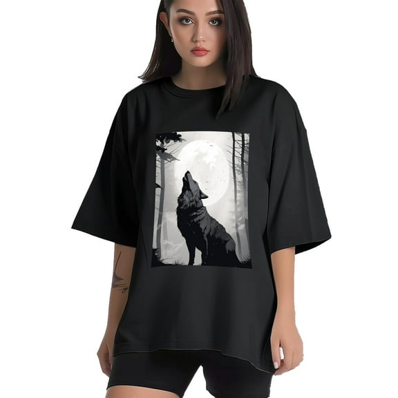 Plus Size Shirt for Women Black Tops for Women Short Sleeves Shirt for Women Wolf T Shirt Crewneck Shirt for Women XS