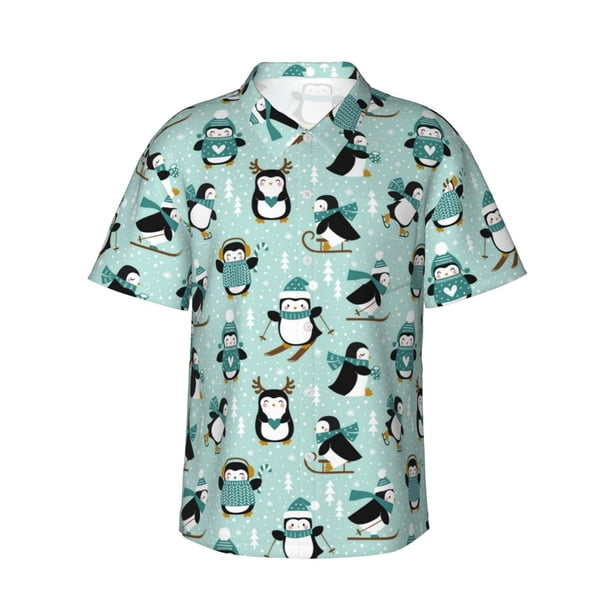 Balery Winter Skiing Penguin Camisas hawaianas de manga corta para hombre, camisas playeras de corte holgado, camisas de vacaciones con botones,Large