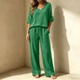 thumbnail image 6 of BRELIL Women's 2 Piece Sets Summer Wide Leg Pants V Neck Short Sleeve Tops Casual Lounge Matching Sets Solid Boho Vacation Travel Outfits Loose Tracksuit, Green XL, 6 of 7