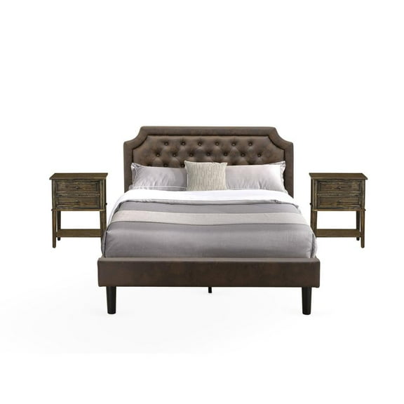 East West Furniture GB25Q-2VL07 3-Pc Bed Set with Queen Size Frame and 2 Distressed Jacobean Wood Nightstands - Dark Brown Faux Leather and Black Legs