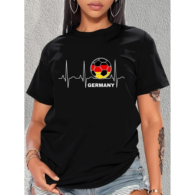 Women's Casual Round Neck Short Sleeve T-shirt With Soccer Ball Heartbeat Print, Fashionable Top With Germany Lettering