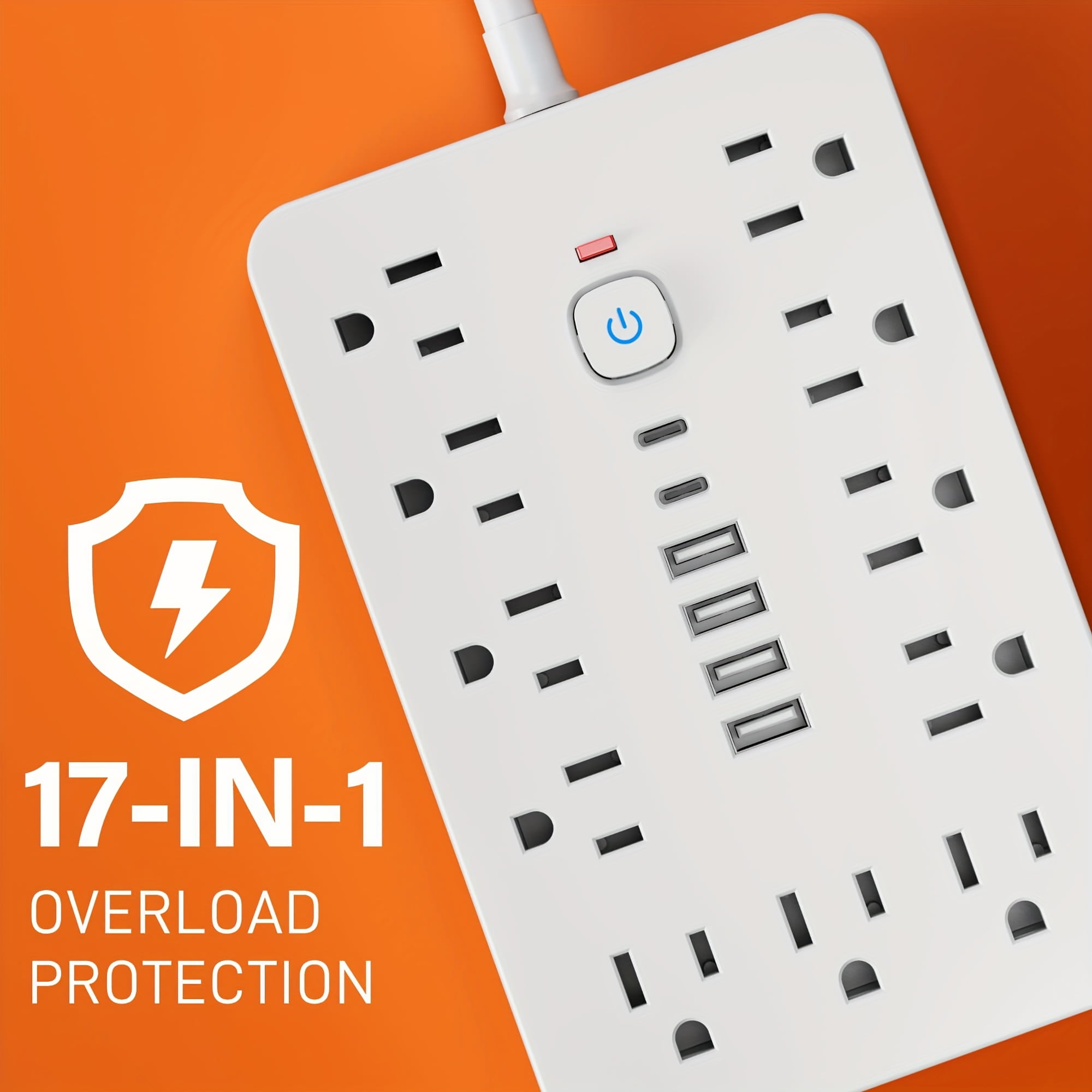 17-in-1 Surge Protector Power Strip with USB Ports: 11 AC Outlets, 4 USB-A, 2 USB-C, 5FT/10FT Cord, Wall Mount Charging Station for Home Office Dorm Travel, White and Black