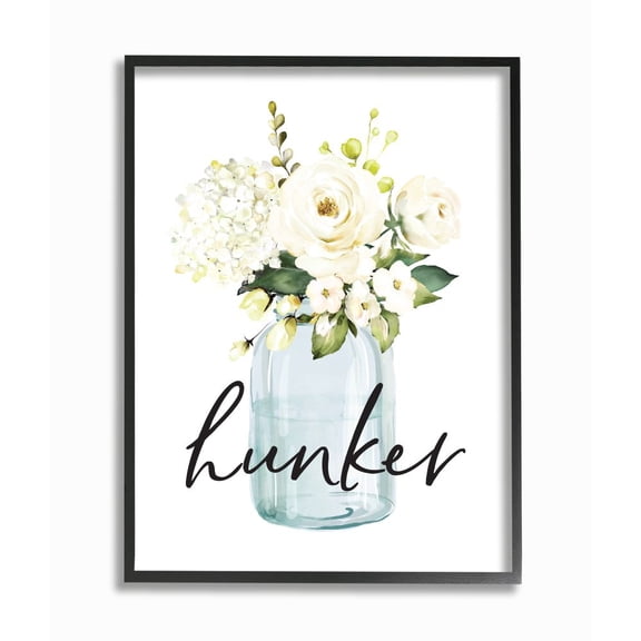 Stupell Industries Hunker Text Spring Floral Bouquet Blue White Framed Wall Art Design by Lettered and Lined, 24" x 30", Black Framed