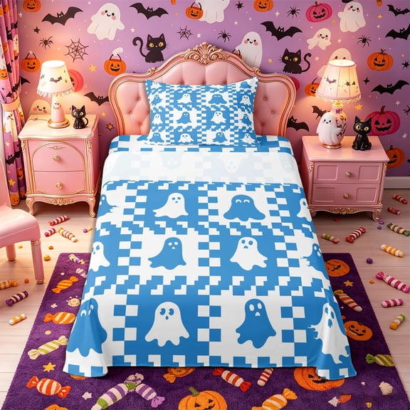 Manfei Halloween Ghost Twin Sheets 3pcs, Vintage Geometric Checkered Bedding, Blue White,1 Fitted Sheet, 1 Flat Sheet and 1 Pillowcase