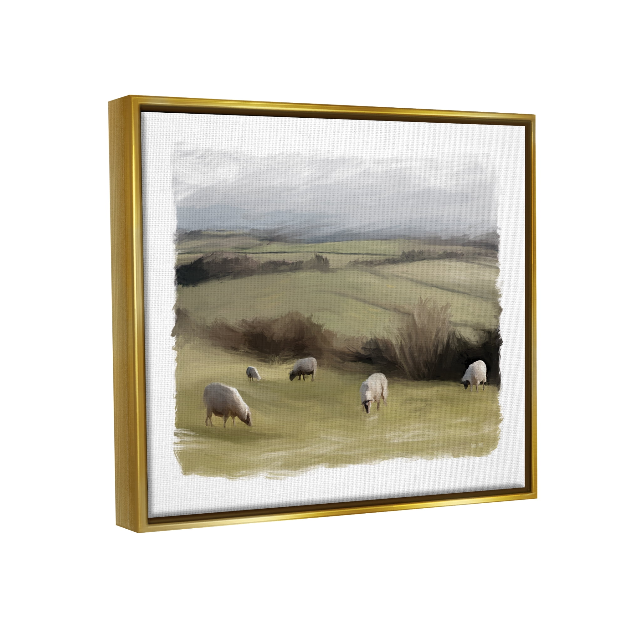 Stupell Grazing Sheep Herd Rural Fields Animals & Insects Painting Gold Floater Framed Art Print Wall Art