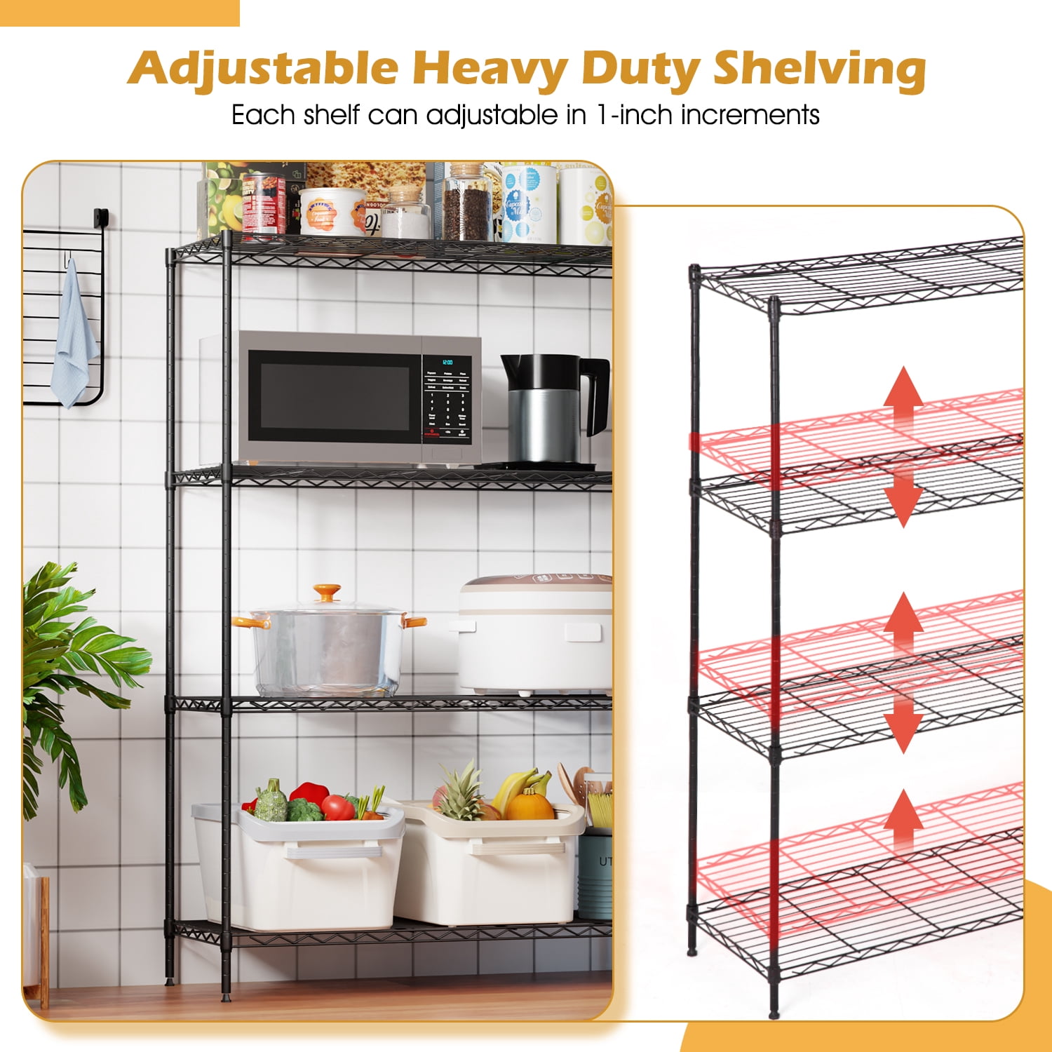 BestOffice 4 Tier Shelving Unit 35.4"L x 13.3"W x 53.7"H Metal Shelving Standing Storage Shelf with 4 Steel Frame Adjustable Layer Kitchen, Garage (Black)