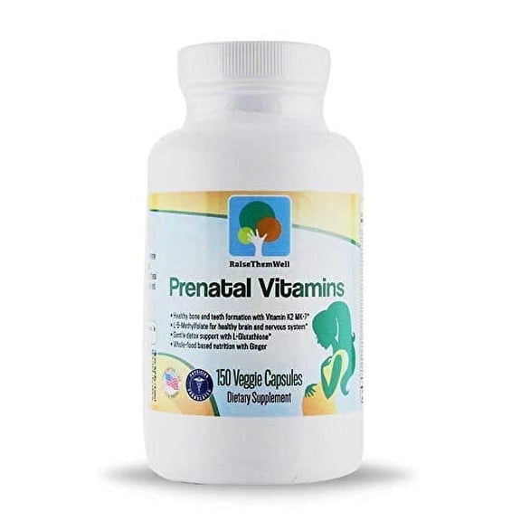 Raise Them Well Prenatal Multivitamin with Methylfolate, K2 MK-7, Glutathione & Iron, Physician Developed, Non-GMO, Supports Healthy Pregnancy, Brain & Bone Development, 150 Veggie Capsules