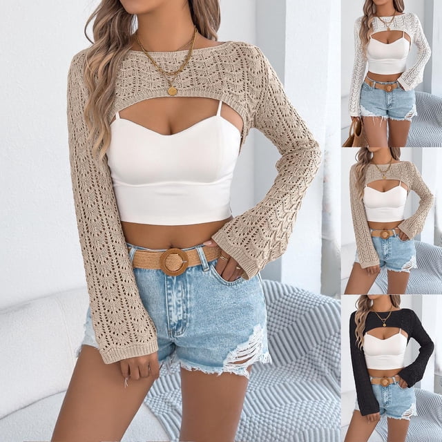 Camisetas para mujer,Blusa hueca para mujer, manga larga, cuello redondo, camisa informal de acrílico, para uso doméstico y diario, sopatenor