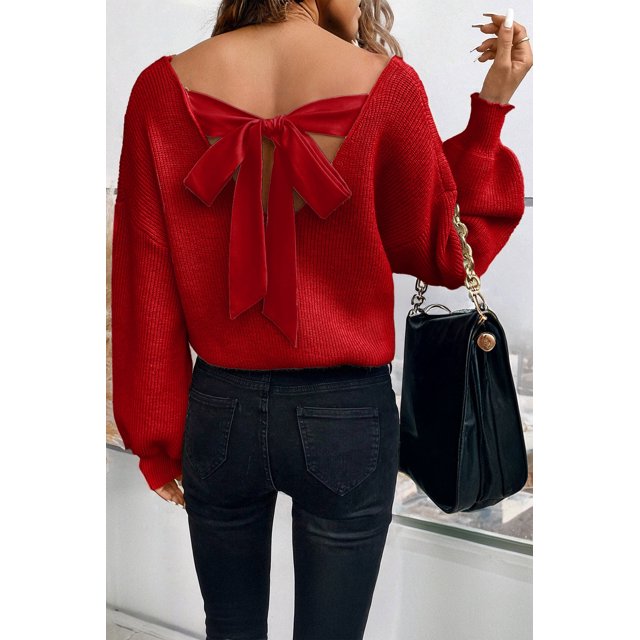 I AM A FASHION JUNKY Racing Red Lantern Sleeve V Neck Knot Back Sweater (RacingRed, S, 50%Viscose+28%Polyester+22%Polyamide)