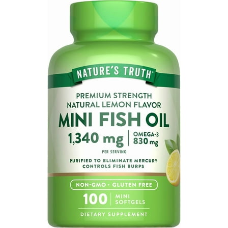 Mini Fish Oil Omega 3 | 1340 mg | 100 Softgels | Burpless Lemon Flavor Pills | Non-GMO. Gluten Free Supplement | by Nature's Truth