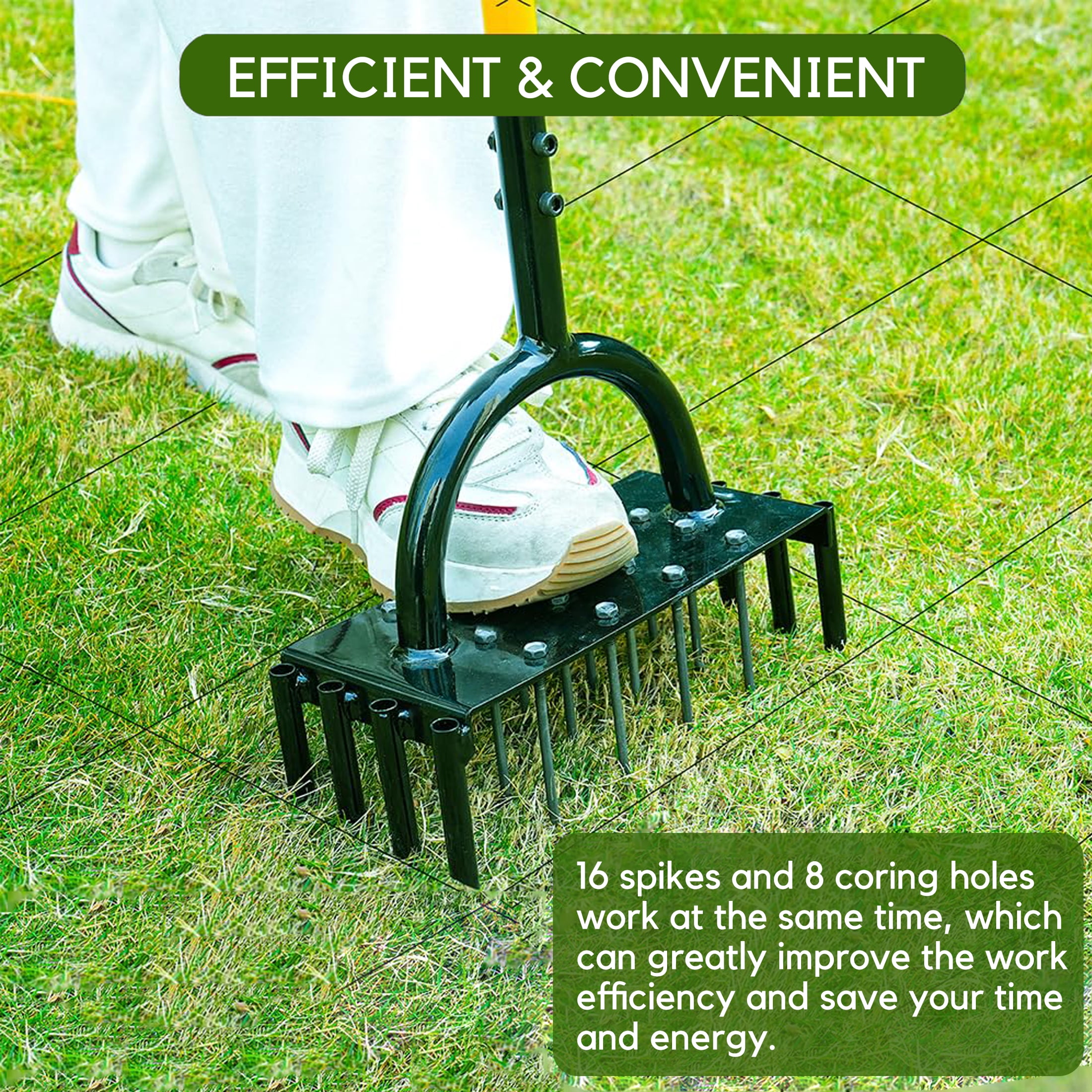 Hyindoor Lawn Aerator Tool, Manual Metal Tool Set with 16 Solid Steel Spikes, Automatic Leaf and Dirt Cleaning with Spring Base Design, Garden Tool for Yard Care（with Gloves）