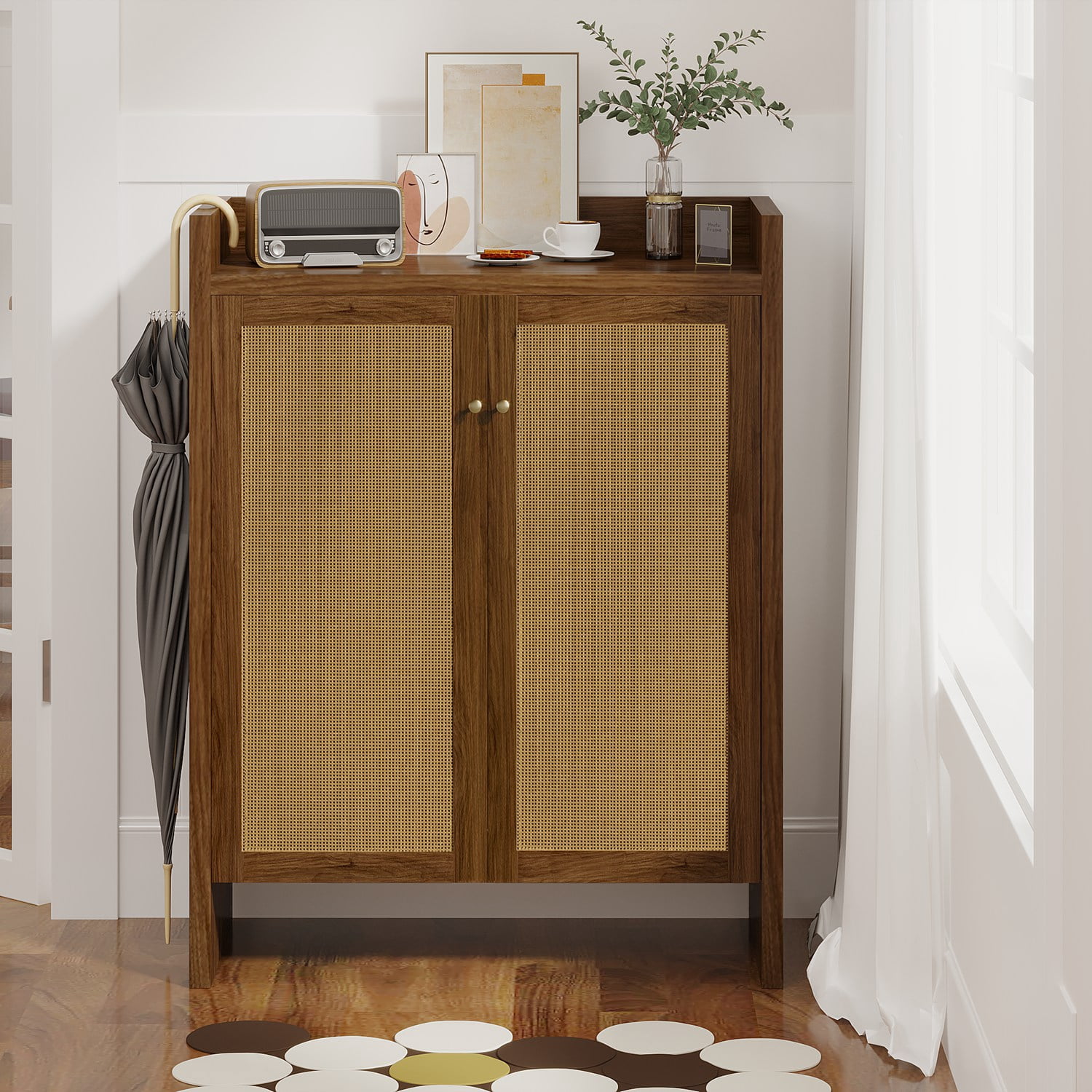 42.5" Tall Rattan Shoe Cabinet with Doors, 6-Tier Wooden Freestanding Shoe Storage Organizer with Adjustable Shelves, Mid-Century Entryway Shoe Cabinet for Hallway & Living Room