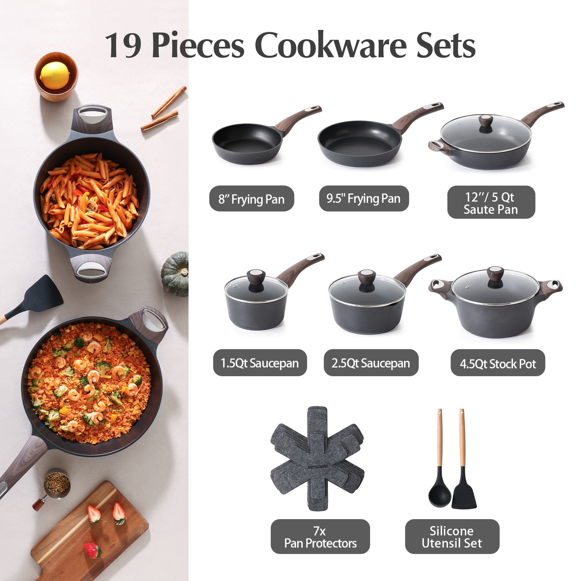 SENSARTE 19-Piece Nonstick Pots and Pans Set, Black Healthy Cookware Set, Kitchen Cooking Sets with Stay-Cool Handles, Induction Compatible, Stackable