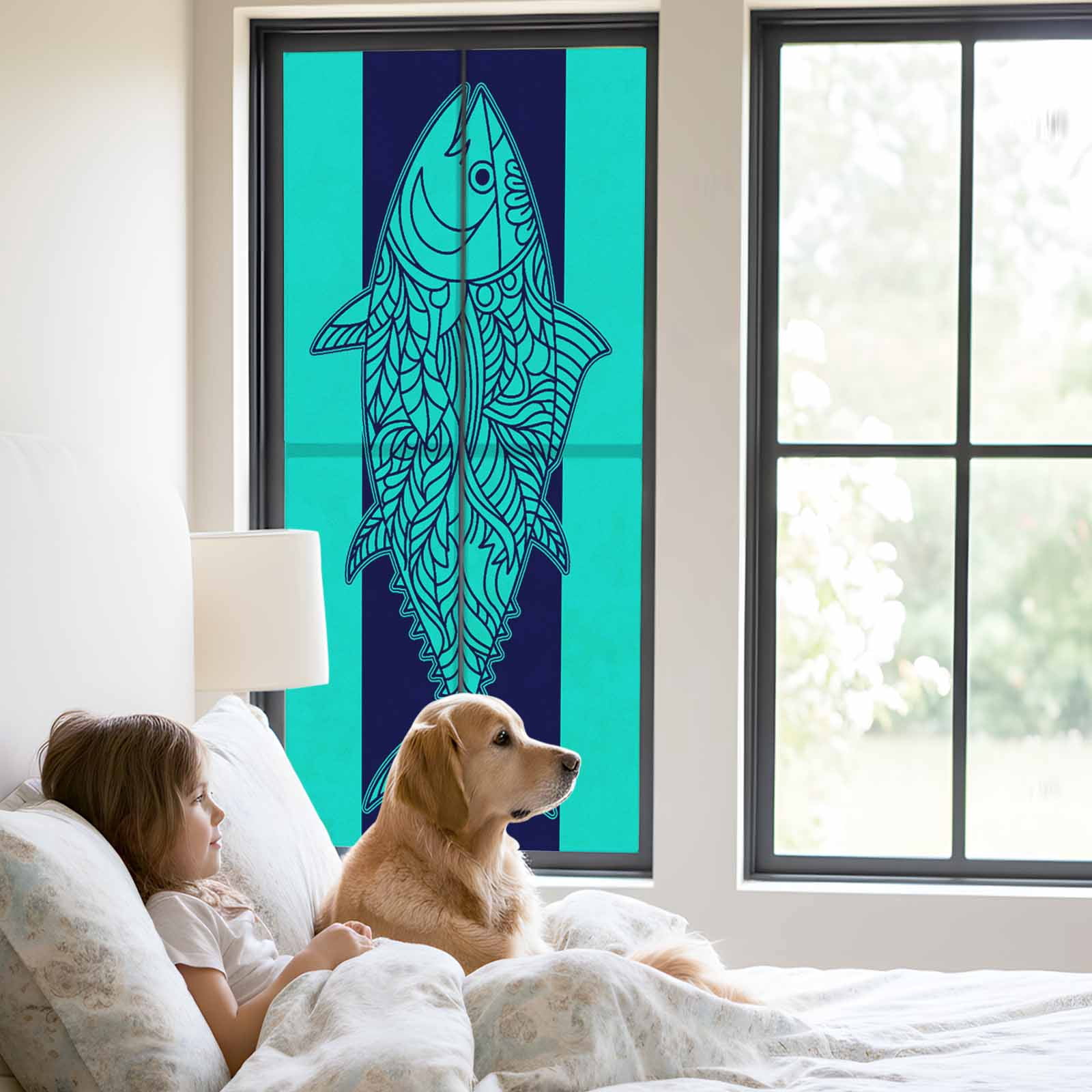Tuna Window Privacy Film, Summer Beach Frosted Glass Window Clings Static Cling UV Heat Blocking Reusable Door Sticker for Bathroom 23.6 x 59 Inch