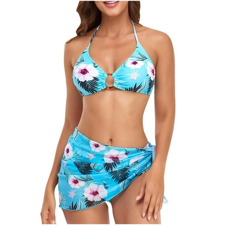 Taqqpue 3 Piece Bikini Set for Women Sexy O Ring Triangle Halter Swimsuits Top with Bottom and Short Mesh Sarong Wrap Skirt Bathing Suits on Clearance