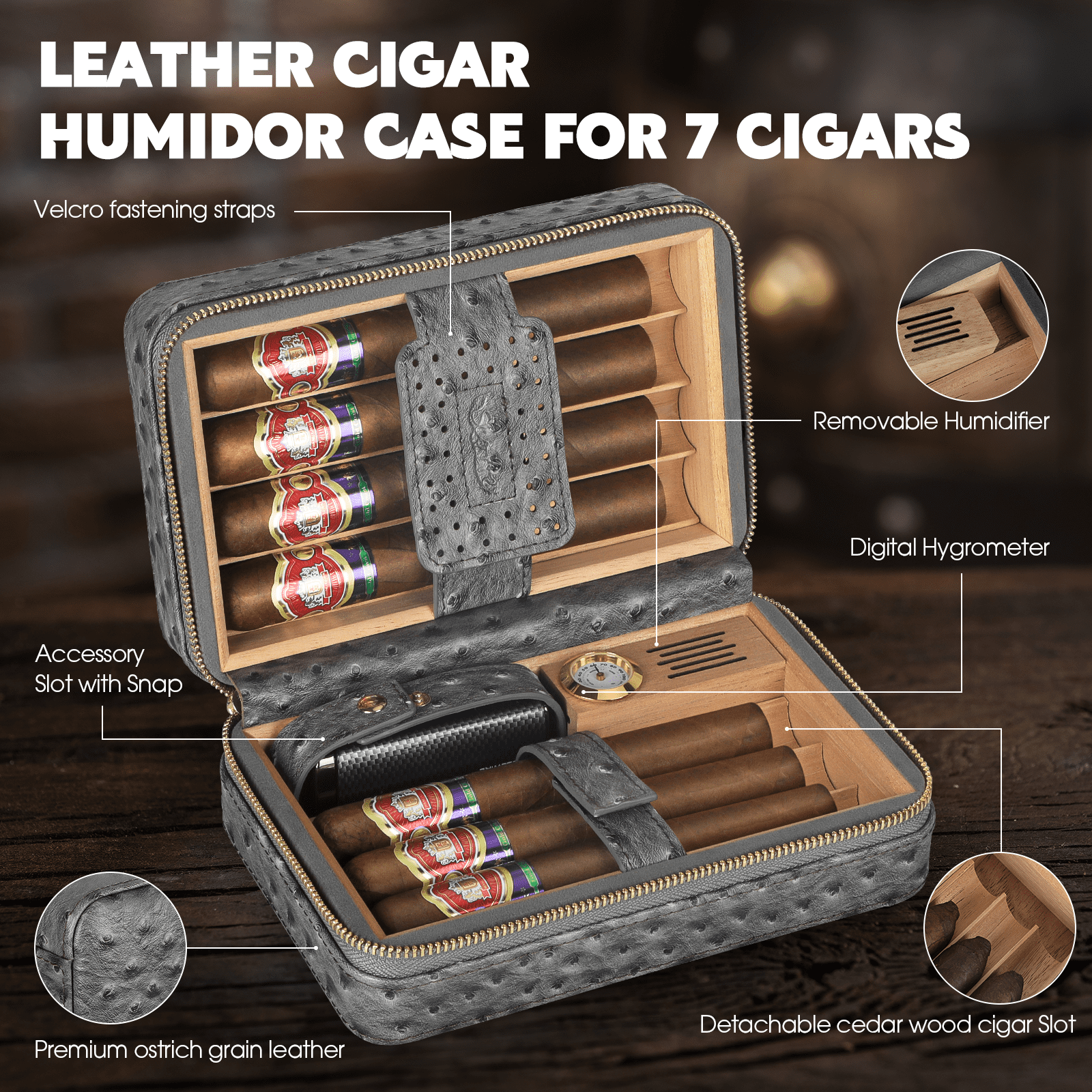 Travel Cigar Humidor Box Leather Cigar Case with Cigar Lighter Cedar Wood Lined Hygrometer & Humidifier, Cigar Holder Cigar Punch Portable Cigar Humidor Kit Gift for Men(No Butane),Hold 7 Cigars