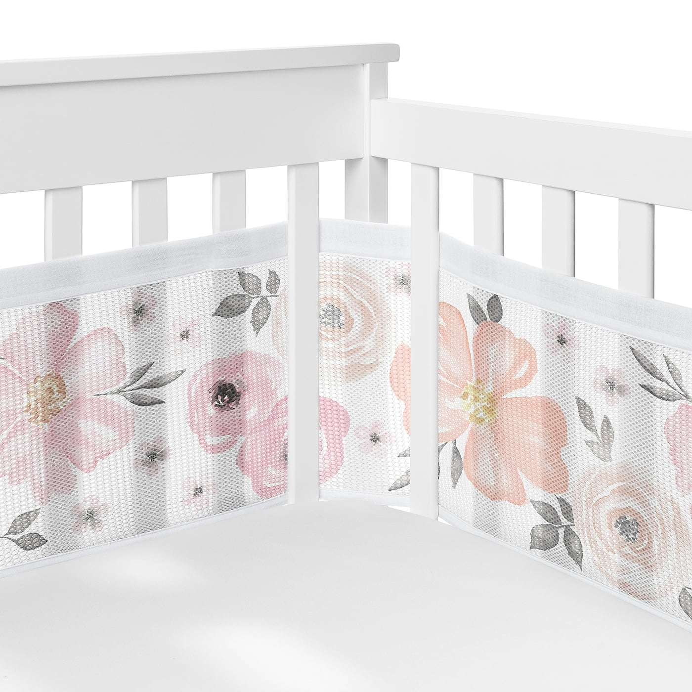 Sweet Jojo Designs Watercolor Floral Pink Grey and White Crib Bedding + BreathableBaby Breathable Mesh Liner Pad
