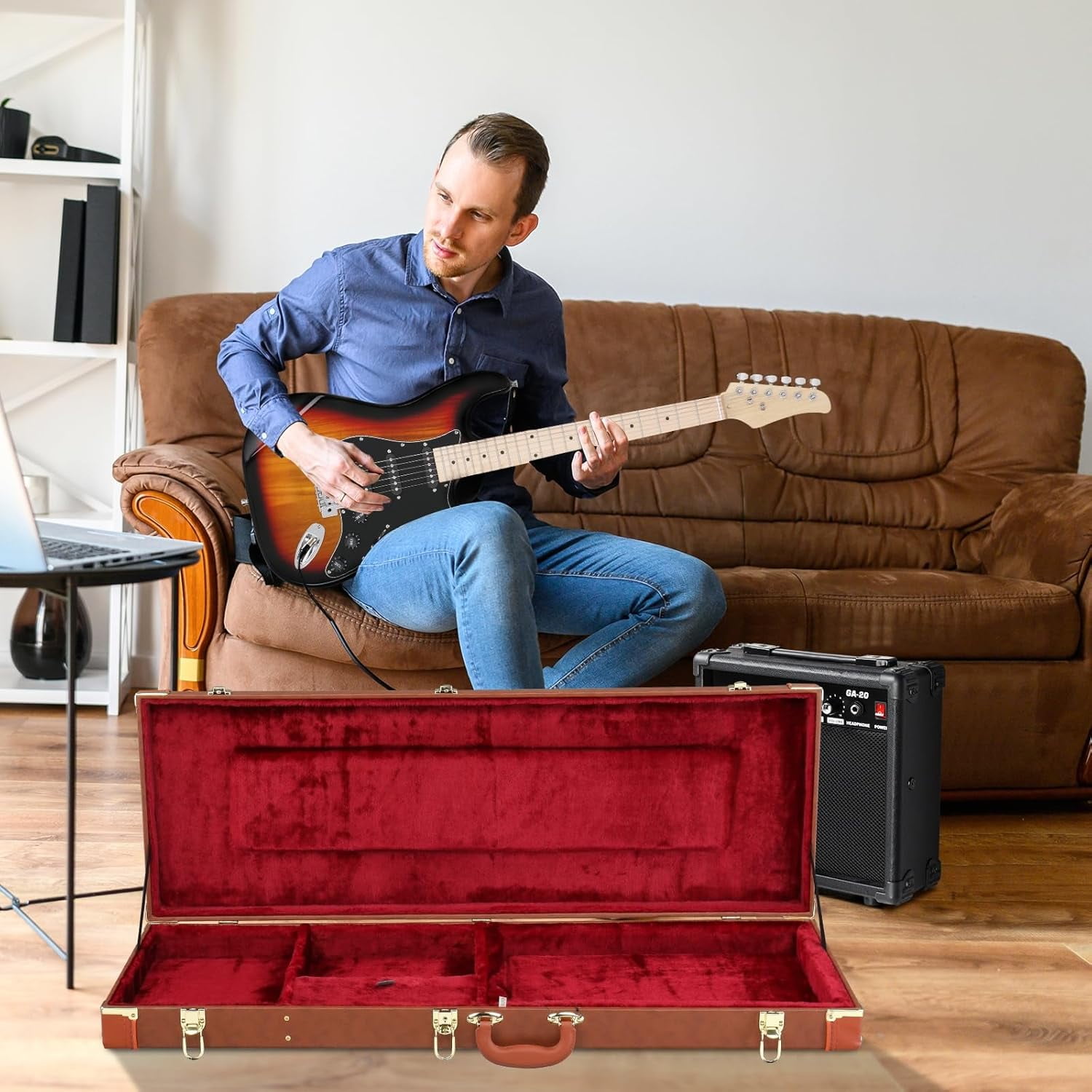 39-Inch Electric Guitar Hard Case, Rectangle Wooden Standard Electric Guitars Hard-Shell Protective Carrying Case for KST/KTL/170 Model with Lock Latch Padding (Brown)