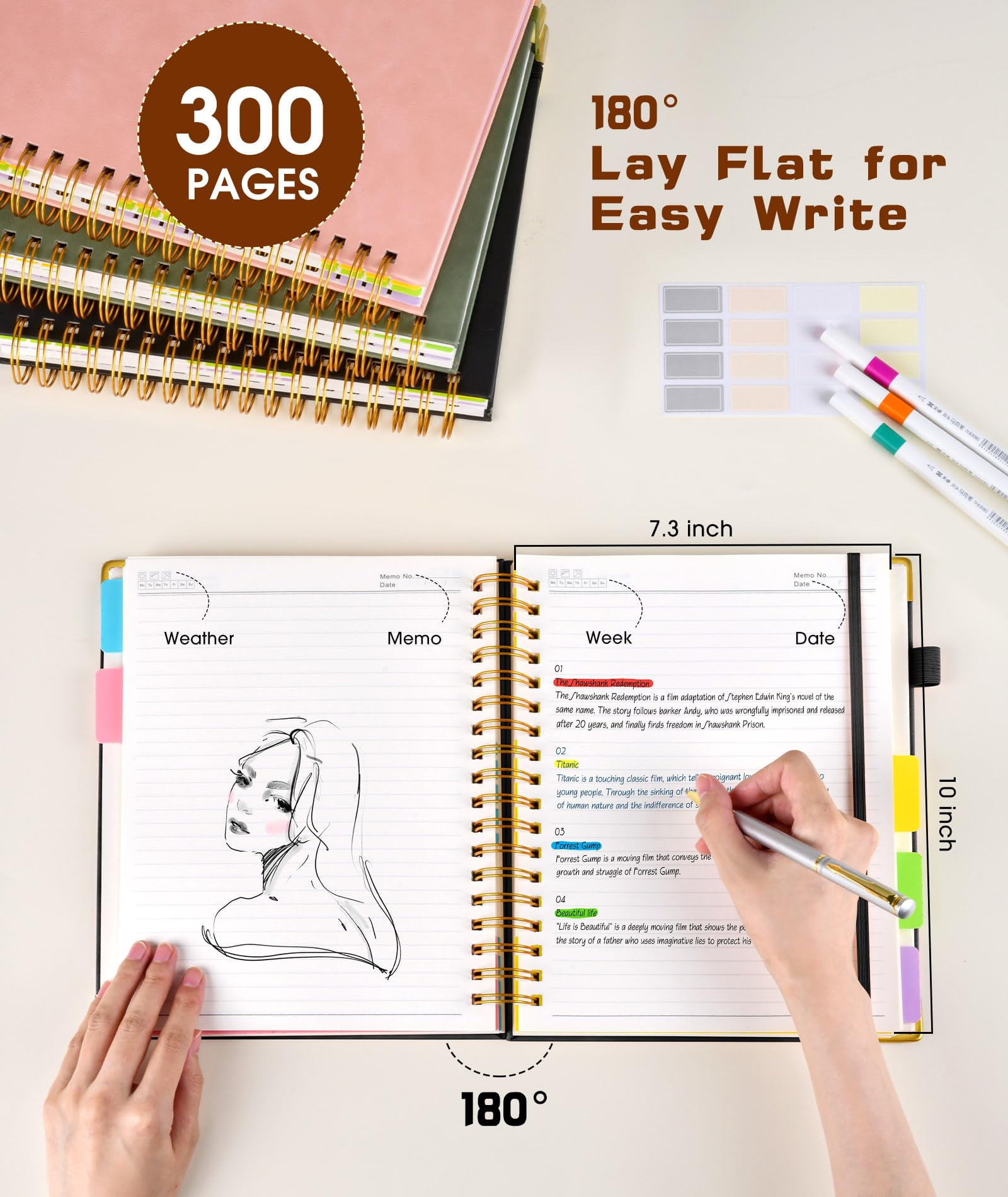 Notebook Journal with Removable Dividers Tabs, 300 Pages Leather 5 Subject Notebook College Ruled, 8"x10" Large B5 Notebooks for Work School Note taking, Lined Journal for Women