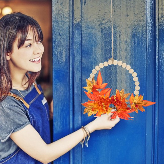 FOMIYES Fall Pumpkin and Maple Leaf Door Wreath with 18 Bead Garland for Thanksgiving Decoration