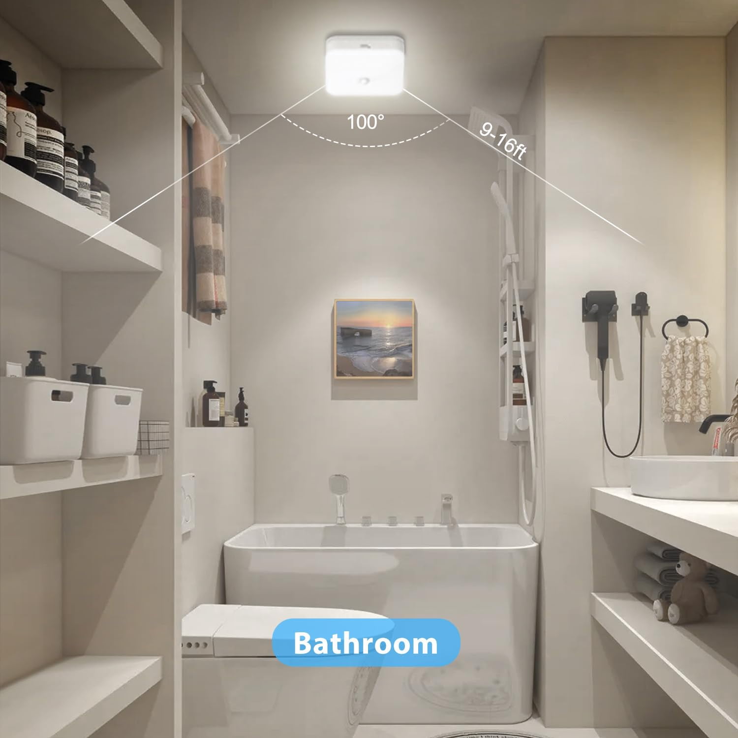 WANDCO Rechargeable Motion Sensor Closet Light, Rechargeable Battery Operated Ceiling Light Wireless, 500LM Wireless Motion Activated Light for Shower Stairs Hallway Pantry Porch Garage, 5000K