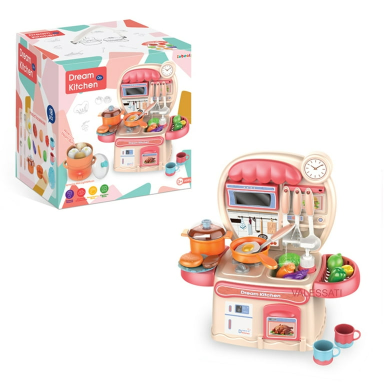 Mini Kitchen Playset for Kids Pink Cooking Toys Play Food 18 Pc