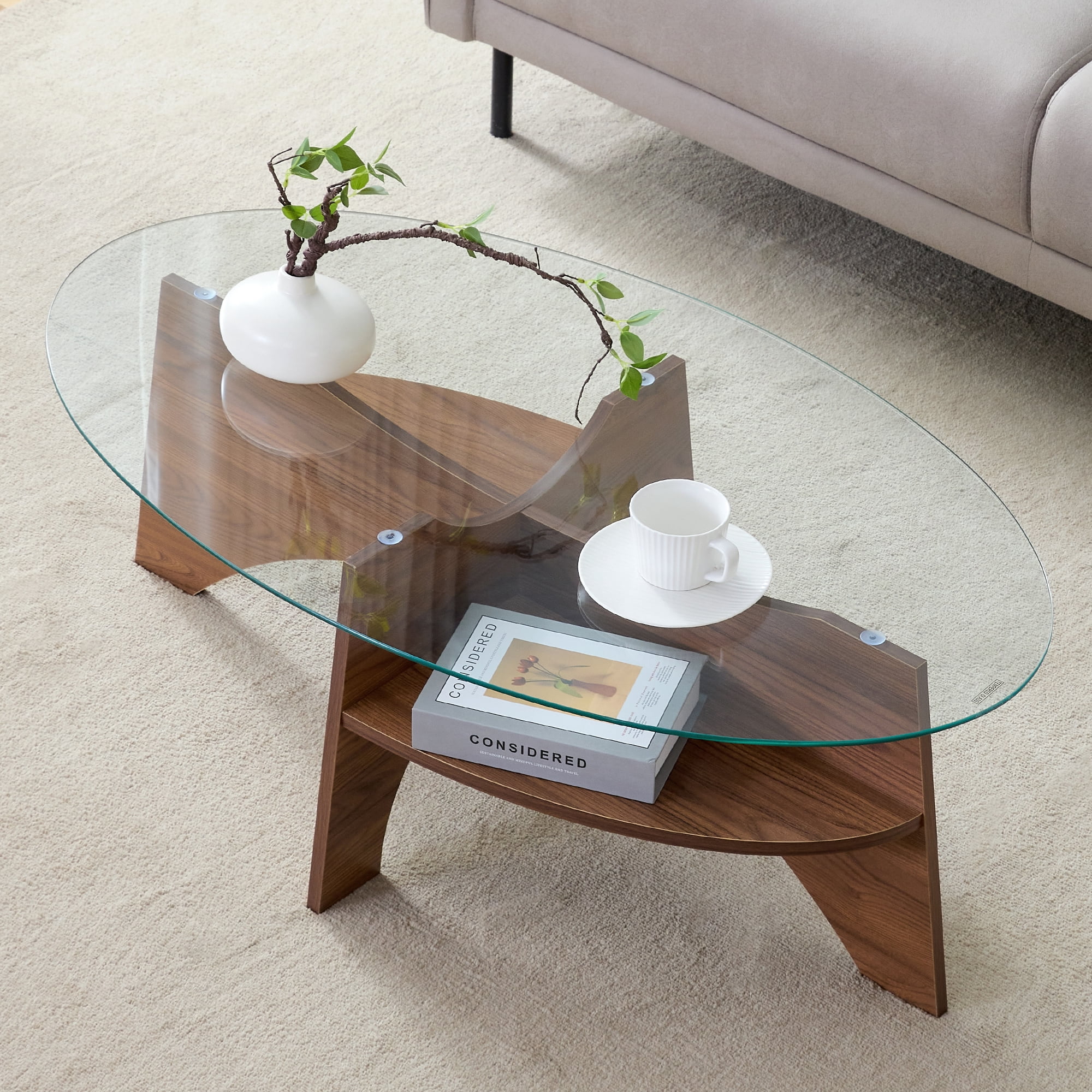 Oval Tempered Glass Coffee Table, 41.3"x23.6"