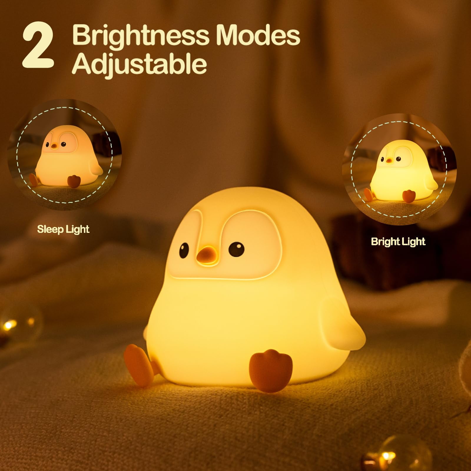 CHUNYAN Penguin Night Light, LED Squishy Novelty Animal Night Lamp, Food Grade Silicone, 2 Level Dimmable, Nursery Nightlight for Desk Decor, Funny Gifts Stuff for Boys Girls Baby