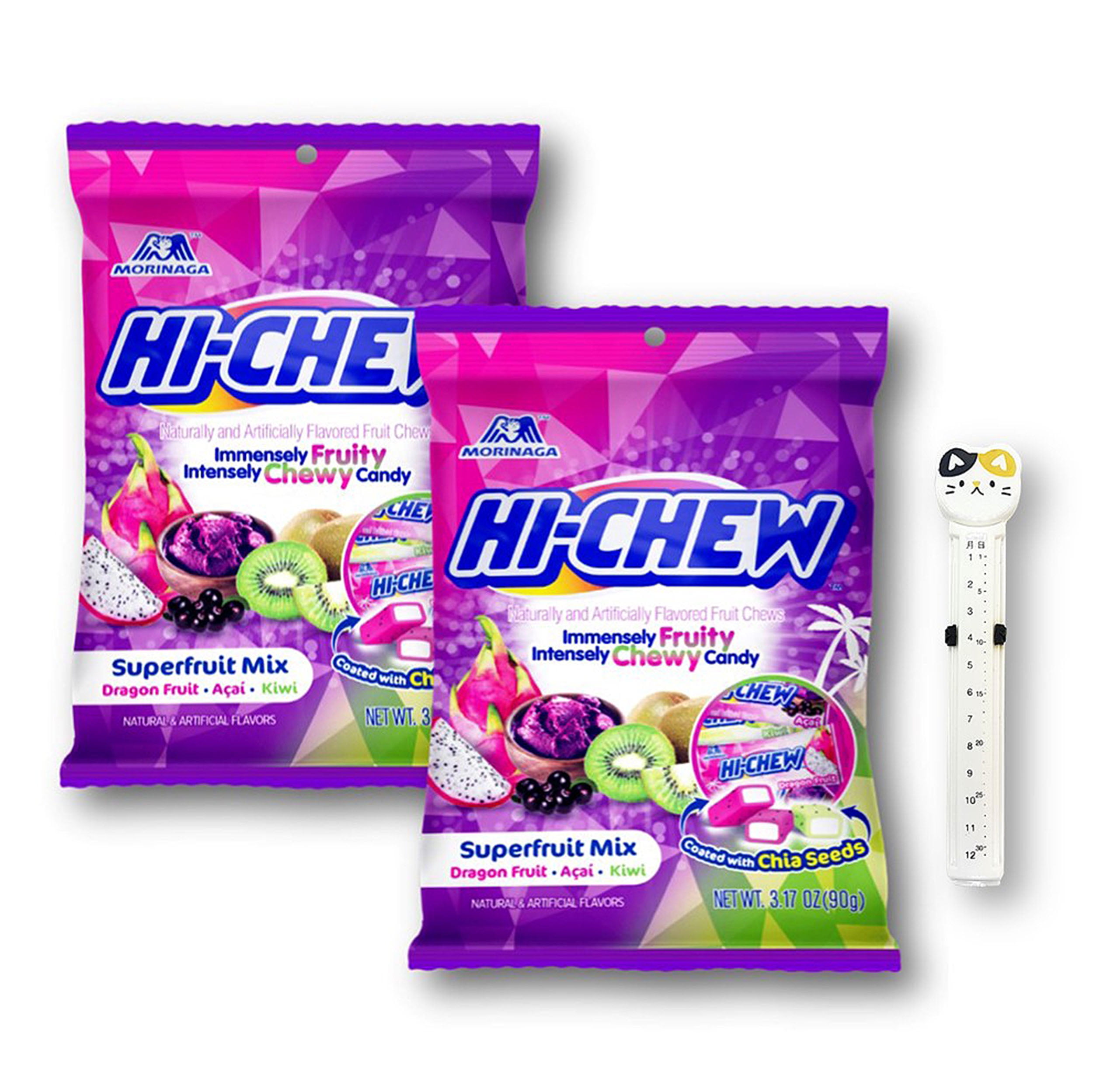 Hi-Chew SUPERFRUIT Mix (Dragon Fruit, Acai, and Kiwi) Chewy Fruit Candy Peg Bag with 1 Animal Design Calendar Storage Bag Clip 3.17 Oz. Ea (Pack of 2)