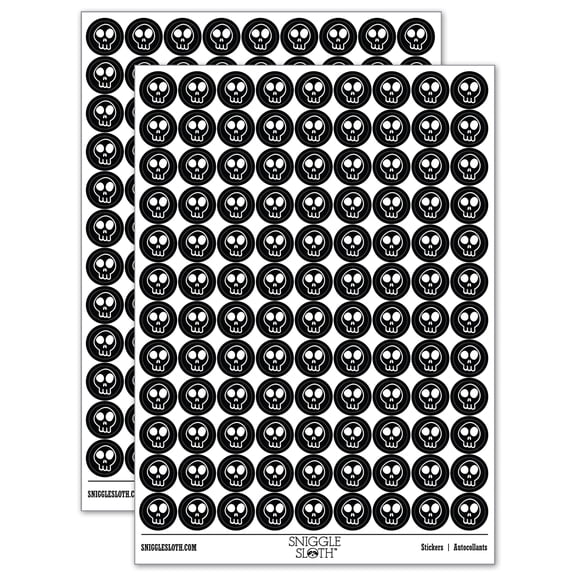Fun Skull 200 Round Stickers - Black - Gloss Finish - 0.50" Size