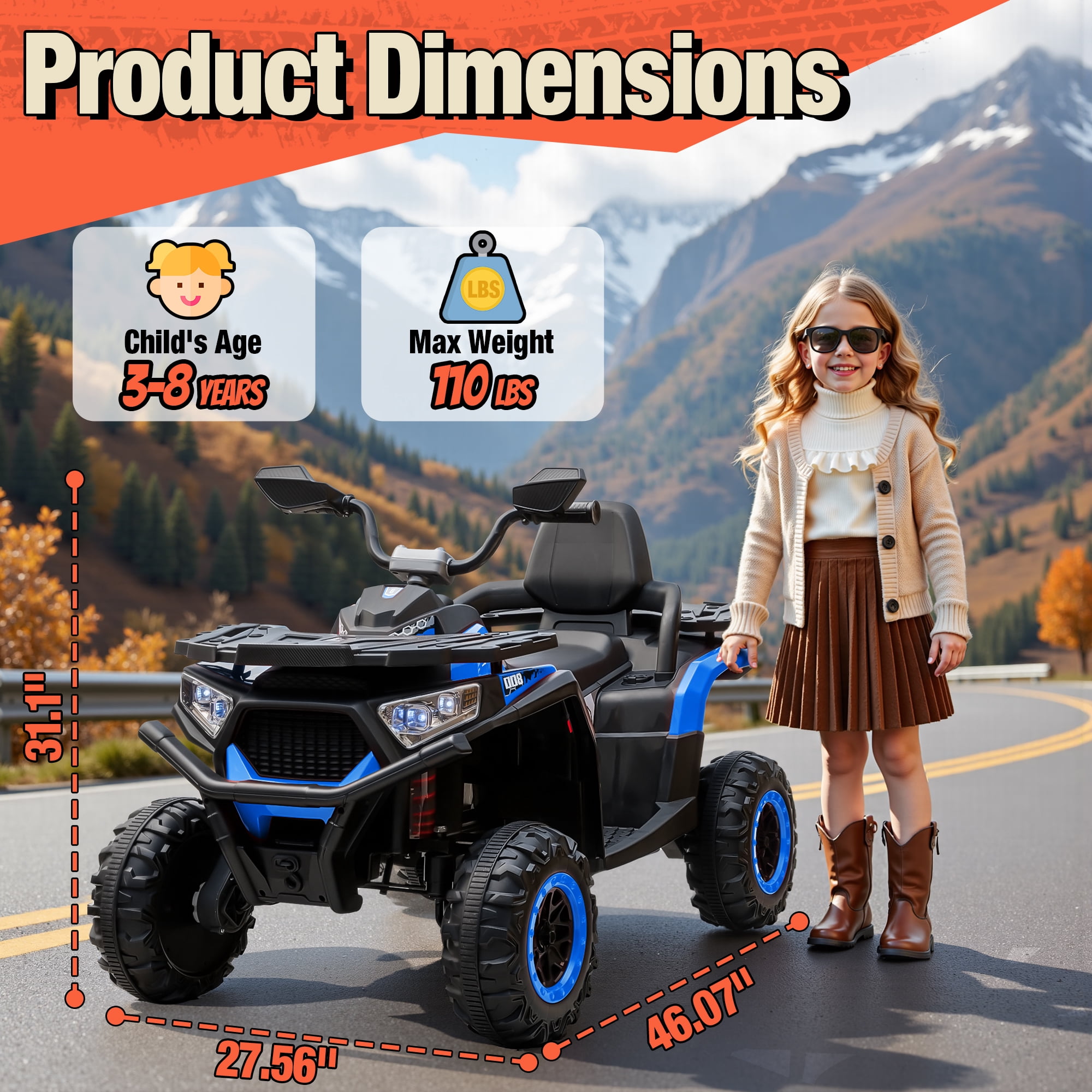 Joyracer 24V 4x4 Kids ATV Electric 4-Wheeler with Leather 2-Seater, 24 Volt Ride on Toys for Big Kids w/ Kneepads, 4x200W Motors, Bluetooth Music, Blue