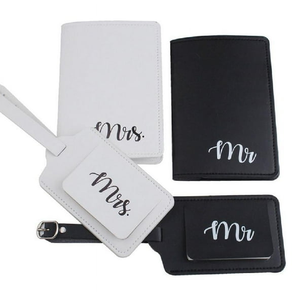 4Pcs PU Leather Mr Mrs Luggage Tags Passport Covers for Couples Travel Honeymoon Wedding Bridal Shower Gift