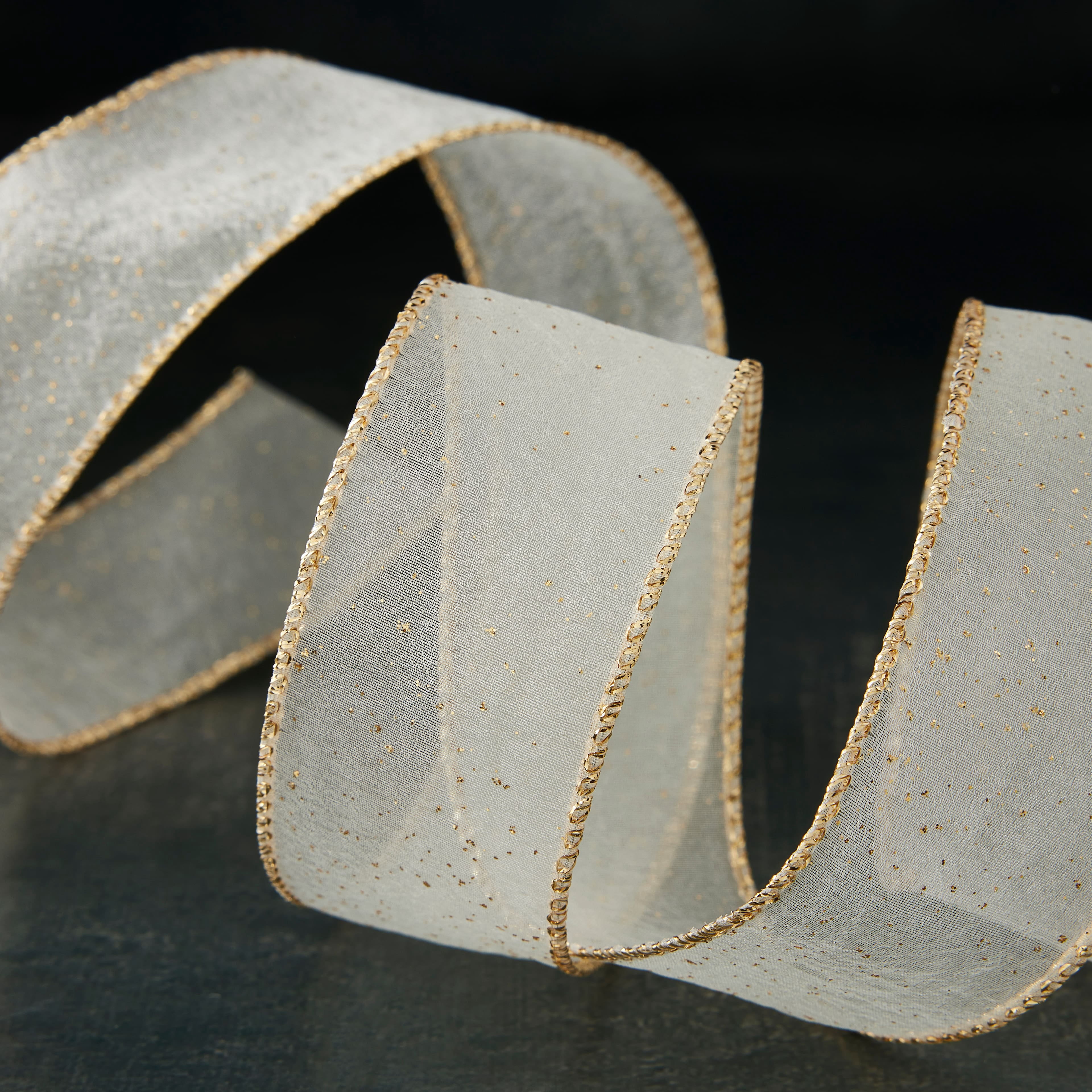 1.5" x 3yd. Sheer Wired Sparkle Ribbon by Celebrate It – Gold with Glitter Accents - Sewn Edge for Bows - Wreaths & Gift Wrapping - 12 Pack