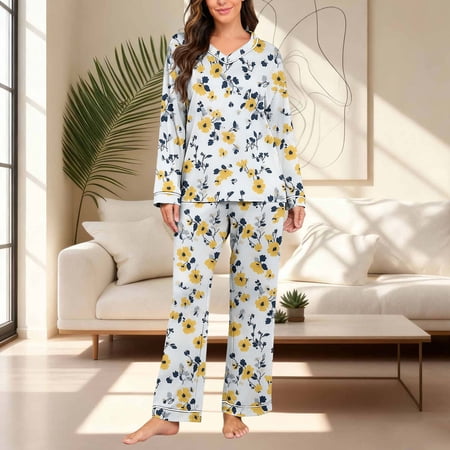 YUNAFFT Comfortable Floral Print V-Neck Long Sleeve Pajama Set with Loose Fit for Women