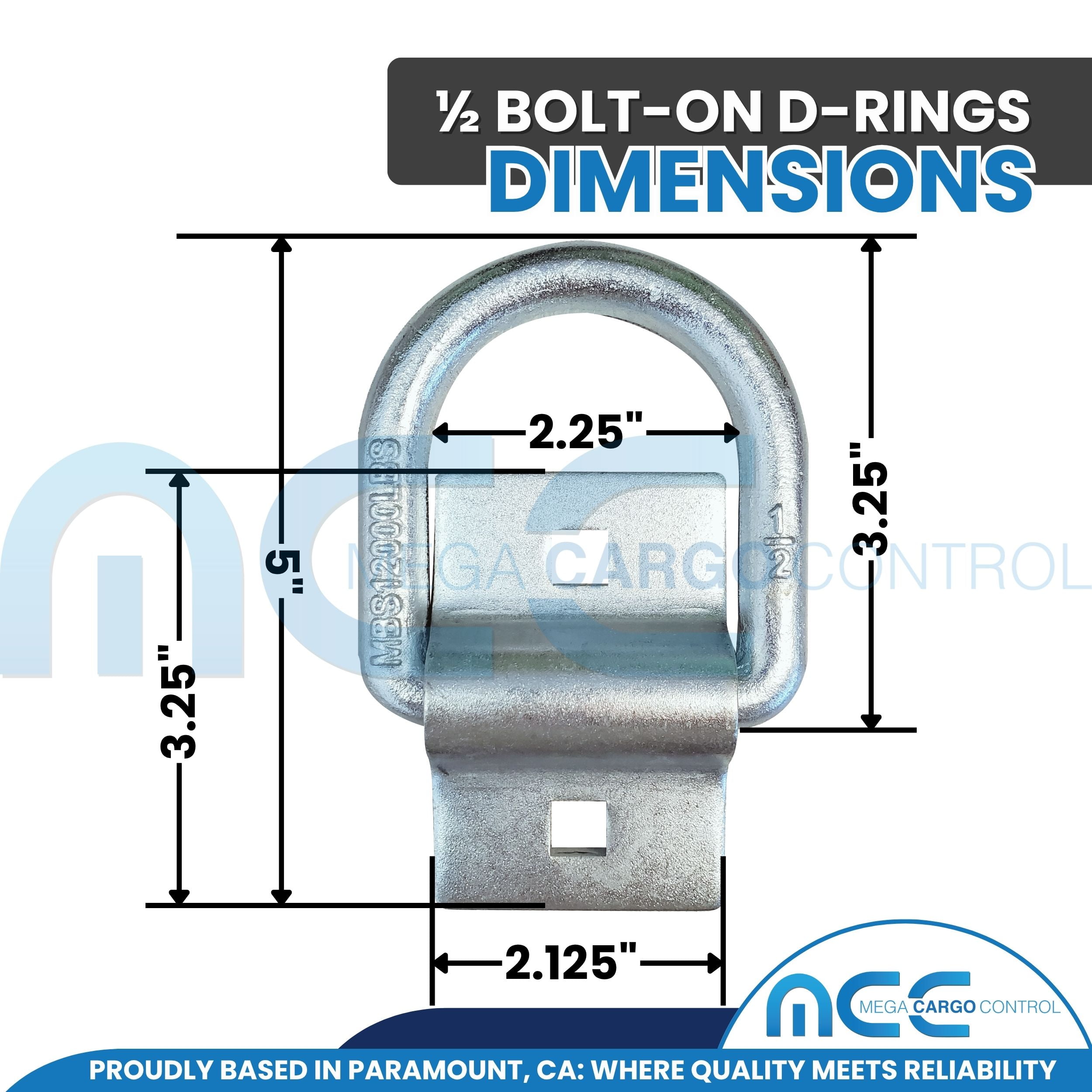 Mega Cargo Control 8 Pack 1/2" Bolt-On D-Ring Strap Cargo Flatbed Truck Trailer Tie Down Rope Chain D Ring WLL: 4,000 lbs