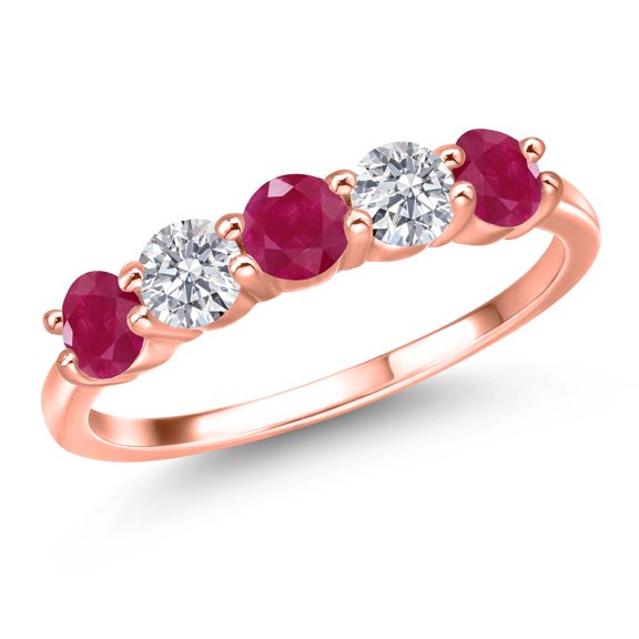 Gem Stone King 18K Rose Gold Plated Silver Red Ruby and E - F Lab Grown Diamond Wedding-Bands Ring for Women | 1.59 Cttw | Round 4MM | Gemstone July Birthstone | Size 5