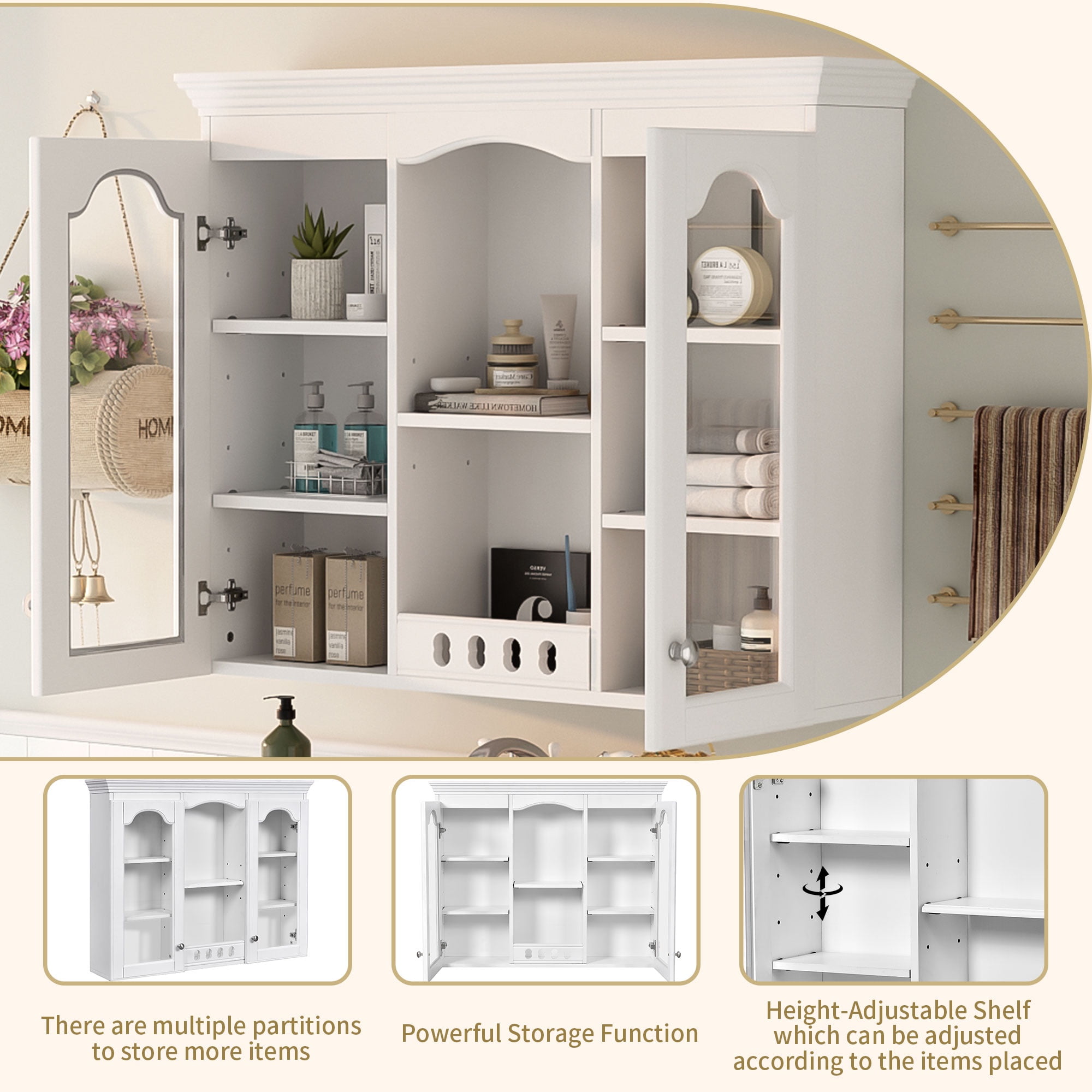 White Wall Mounted Cabinet with 2 Glass Doors – Over The Toilet Storage Cabinet, Retro Style Bathroom Wall Cabinet with Adjustable Shelf
