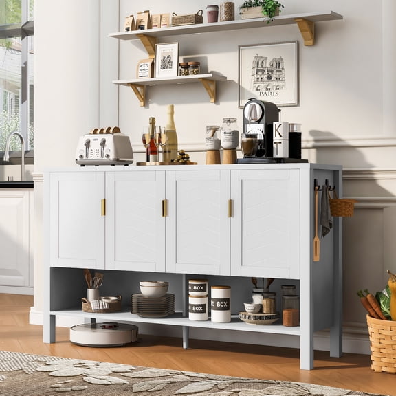 55.1" Storage Sideboard with 4-Doors, Buffet with Open Shelf and 2-Tiers Adjustable Shelves, Modern Cabinet with Double Hooks, Suitable for Living Room, Hallway, Dining, Office