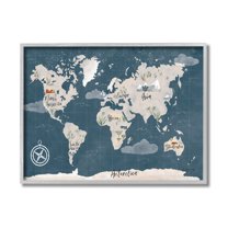 Stupell Industries Vintage Blue World Map Nautical Cloud Details Gray Framed by Becky Thorns