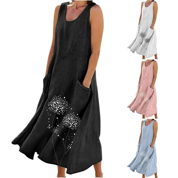 Jacenvly New Maxi Dresses for Women 2024 New Women'S Sleeveless Cotton and Linen Round Neck Printed Long Dress Satiny Soft Casual Flowy Dresses for Women Blue